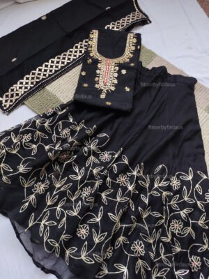 Black chanderi cotton Skirt Suit Set with gota patti work