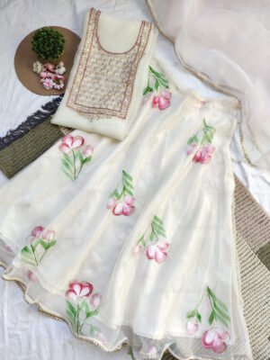 White floral Organza Skirt Suit Set with zardozi work
