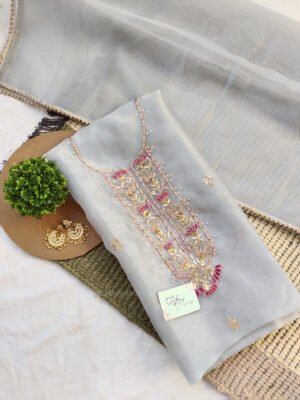 Grey Organza suit set with zardozi work