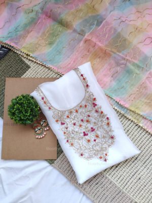 White Organza suit set with gota patti with multi colour dupatta