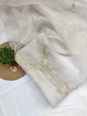 Lighy grey Organza suit set with zardozi work