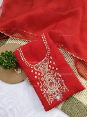 Red Organza suit set with zardozi work