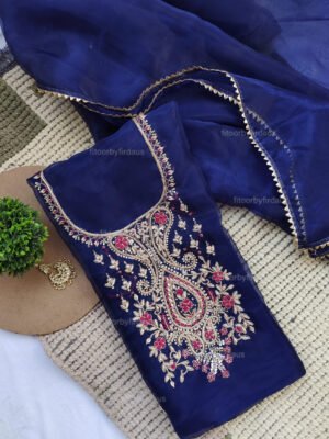 Blue Organza suit set with zardozi work