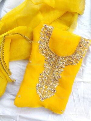 Yellow Organza suit set with zardozi work