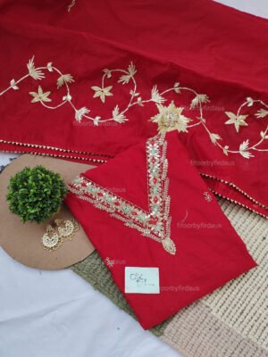 Red Chanderi cotton suit set with zardozi handwork