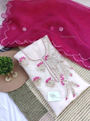 White Organza suit set with gota patti with pink mirror work dupatta