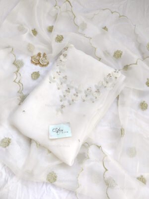 White Organza suit set with beaded handwork with work dupatta