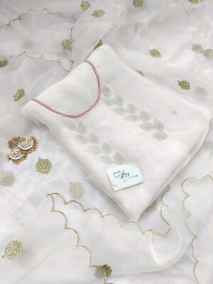 White Organza suit set with beaded handwork with work dupatta
