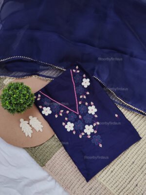 Royal blue Chanderi cotton suit set with beaded handwork