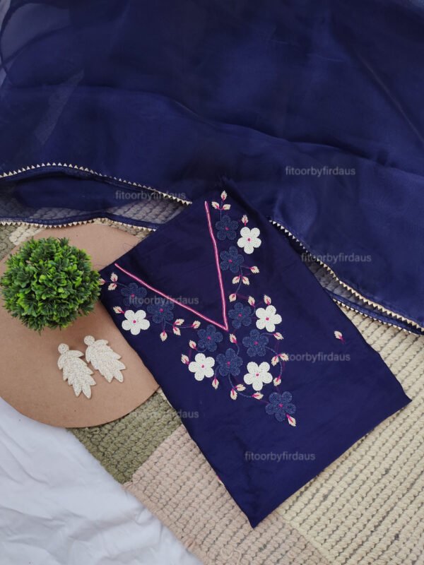Royal blue Chanderi cotton suit set with beaded handwork