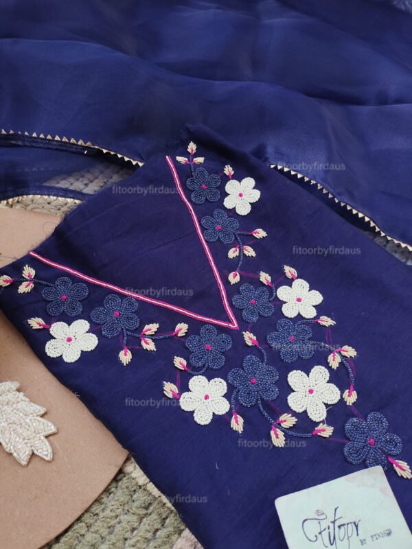 Royal blue Chanderi cotton suit set with beaded handwork - Image 2