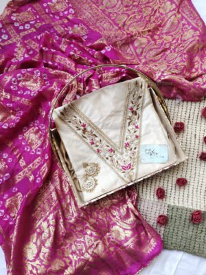 Khadi silk suit set with Zardozi handwork with banarasi dupatta