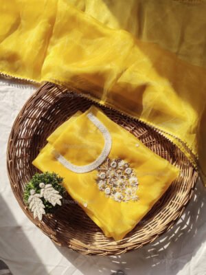 Yellow Organza suit set with beaded handwork