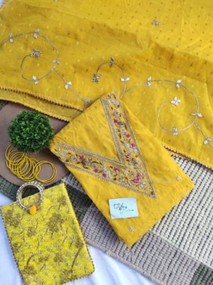 Yellow Chanderi cotton suit set with zardozi handwork