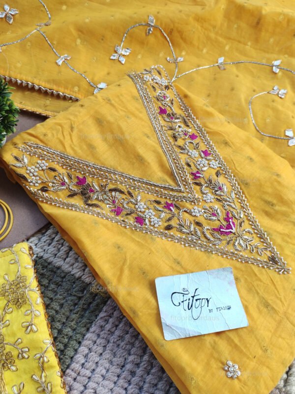 Yellow Chanderi cotton suit set with zardozi handwork - Image 2