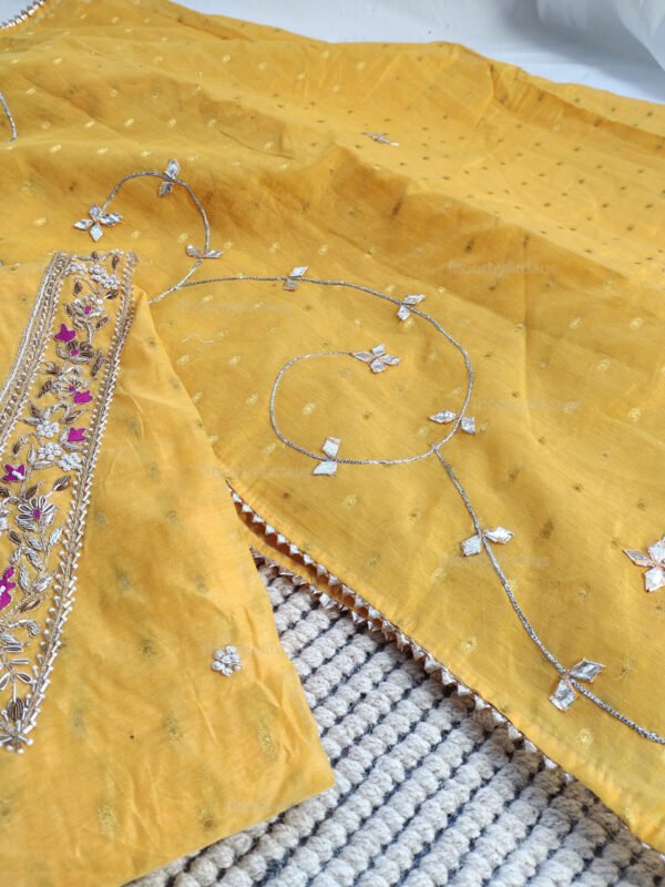 Yellow Chanderi cotton suit set with zardozi handwork - Image 3