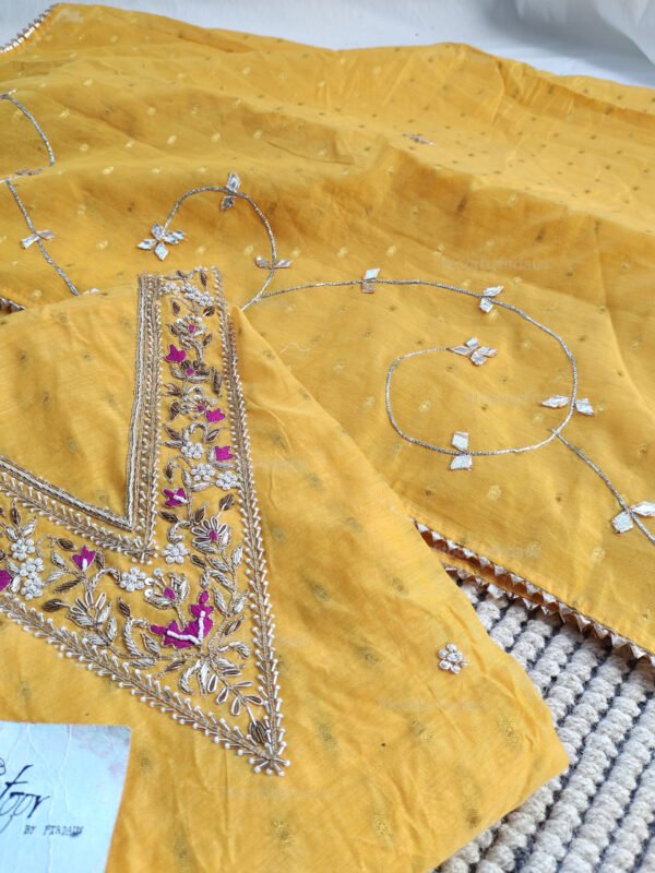 Yellow Chanderi cotton suit set with zardozi handwork - Image 5