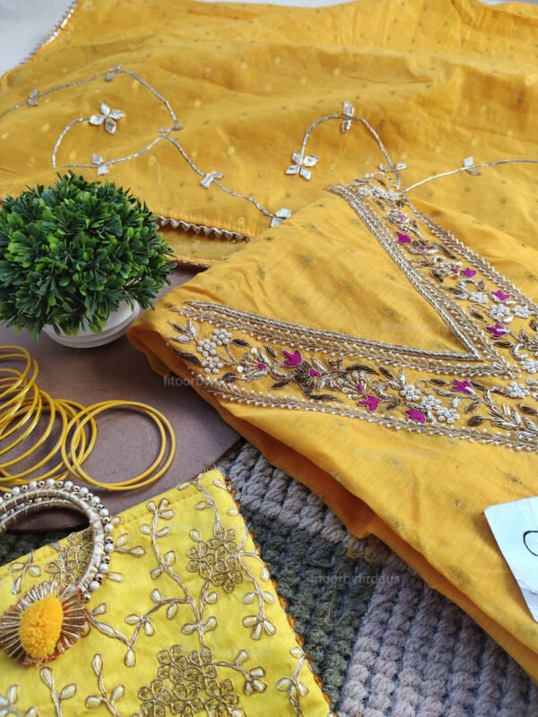 Yellow Chanderi cotton suit set with zardozi handwork - Image 4