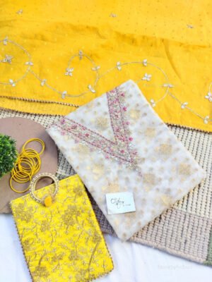 White Organza suit set with zardozi work with yellow work dupatta