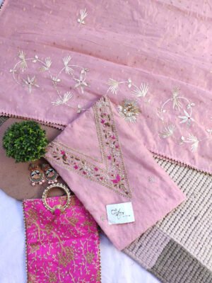 Pink Chanderi cotton suit set with zardozi handwork with work dupatta
