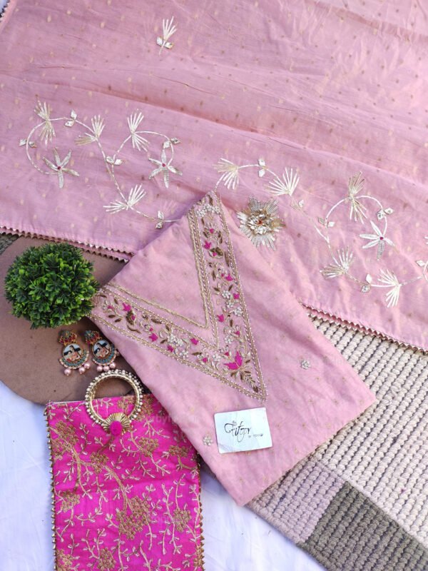 Pink Chanderi cotton suit set with zardozi handwork with work dupatta