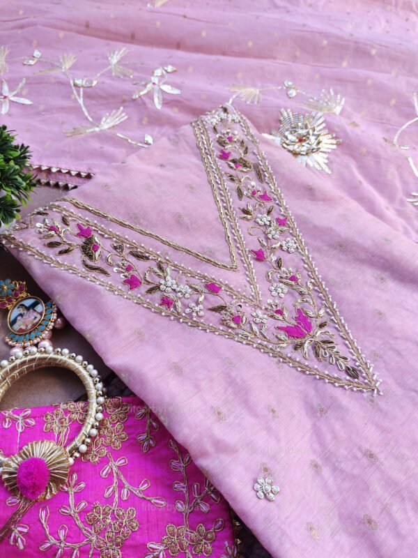 Pink Chanderi cotton suit set with zardozi handwork with work dupatta - Image 2
