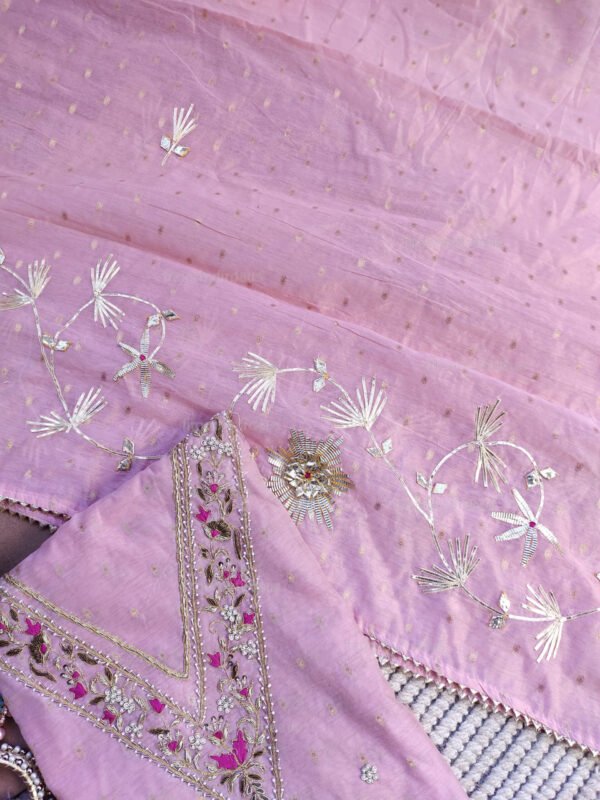 Pink Chanderi cotton suit set with zardozi handwork with work dupatta - Image 4