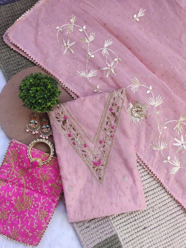 Pink Chanderi cotton suit set with zardozi handwork with work dupatta - Image 7