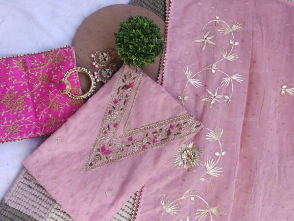 Pink Chanderi cotton suit set with zardozi handwork with work dupatta - Image 6