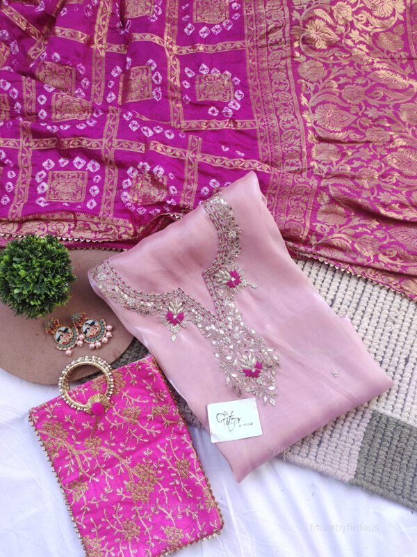 Glass Tissue suit set with Zardozi handwork with banarasi dupatta