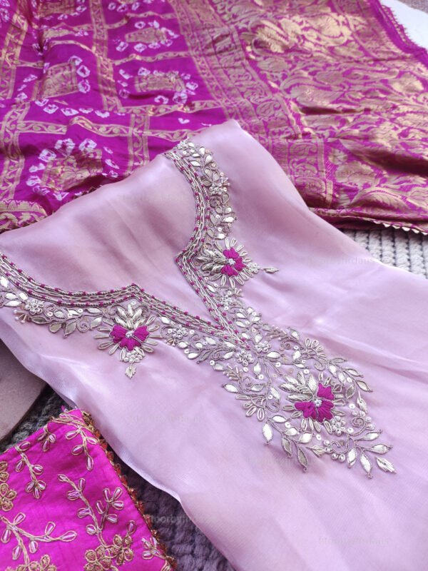 Glass Tissue suit set with Zardozi handwork with banarasi dupatta - Image 4
