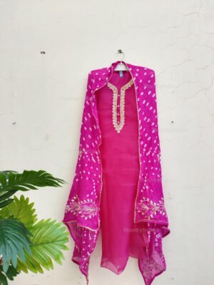 Organza suit set with beaded handwork and bhandej work dupatta