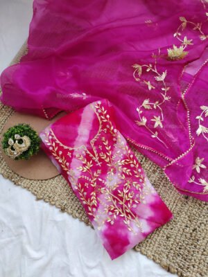 Tie and dye pink Organza suit set with gota patti and work dupatta