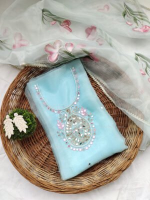 Organza suit set with mirror work and brush paint dupatta