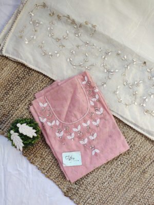 Chanderi cotton suit set with beaded handwork  and work dupatta