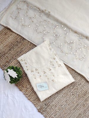Chanderi cotton suit set with beaded handwork  and work dupatta
