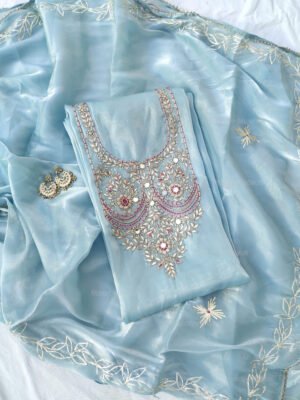 Glass Tissue suit set with Zardozi handwork  and work dupatta