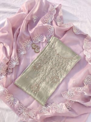 Glass Tissue suit set with Zardozi handwork and work dupatta