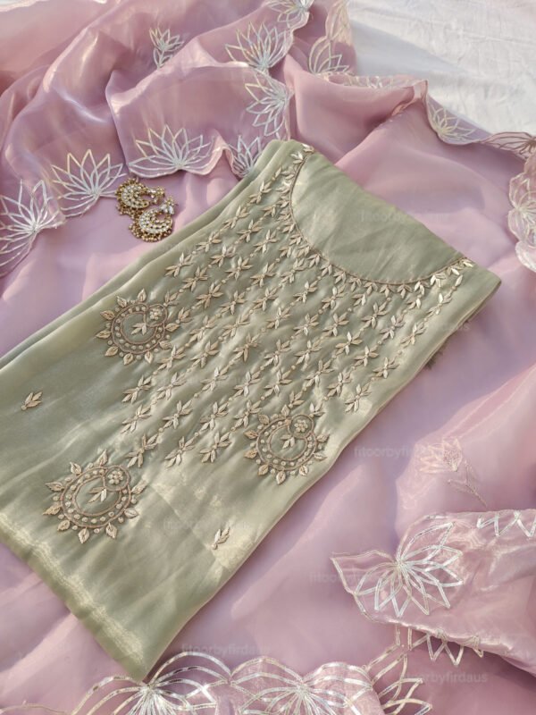 Glass Tissue suit set with Zardozi handwork and work dupatta - Image 4