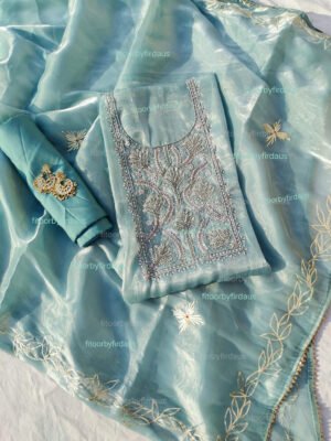 Glass Tissue suit set with Zardozi handwork  and work dupatta