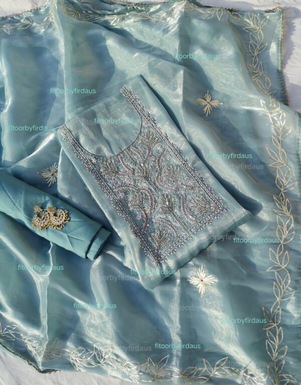Glass Tissue suit set with Zardozi handwork  and work dupatta - Image 5