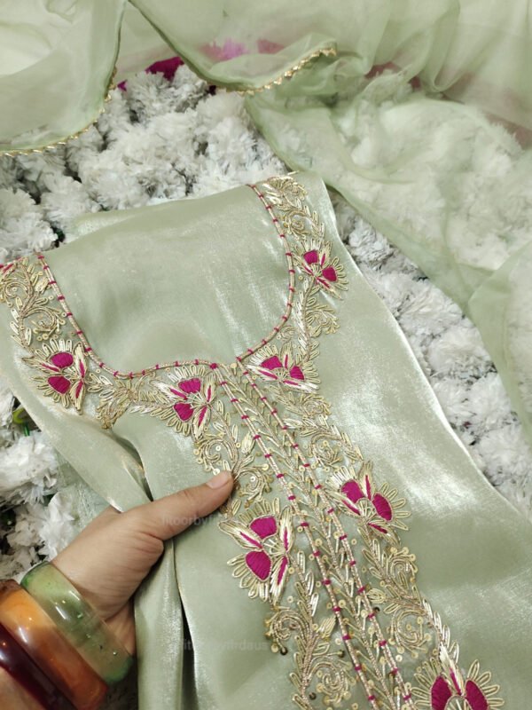 Glass Tissue suit set with Zardozi handwork with organza dupatta - Image 2