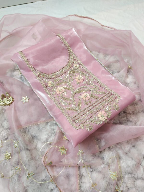 Glass Tissue suit set with Zardozi handwork and organza work dupatta - Image 5