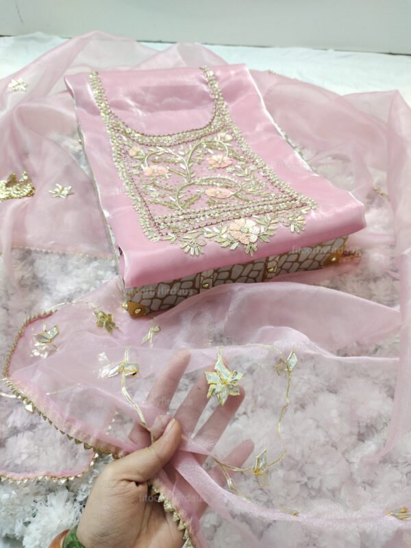 Glass Tissue suit set with Zardozi handwork and organza work dupatta - Image 2
