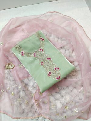 Glass Tissue suit set with Zardozi handwork and organza work dupatta
