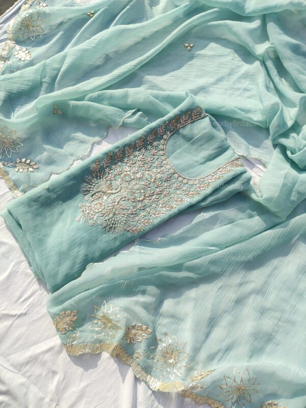 Crushed Tissue suit set with Zardozi handwork and work dupatta