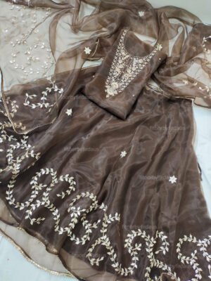Brown Organza Skirt Suit Set with gota patti work
