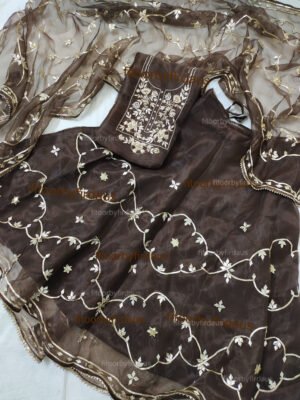 Brown Organza Skirt Suit Set with gota patti work