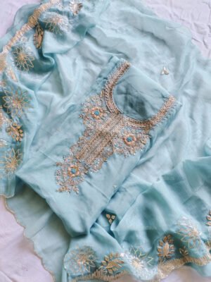Crushed tissue suit set with Zardozi handwork and work dupatta