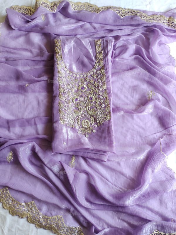Crushed tissue suit set with Zardozi handwork and work dupatta